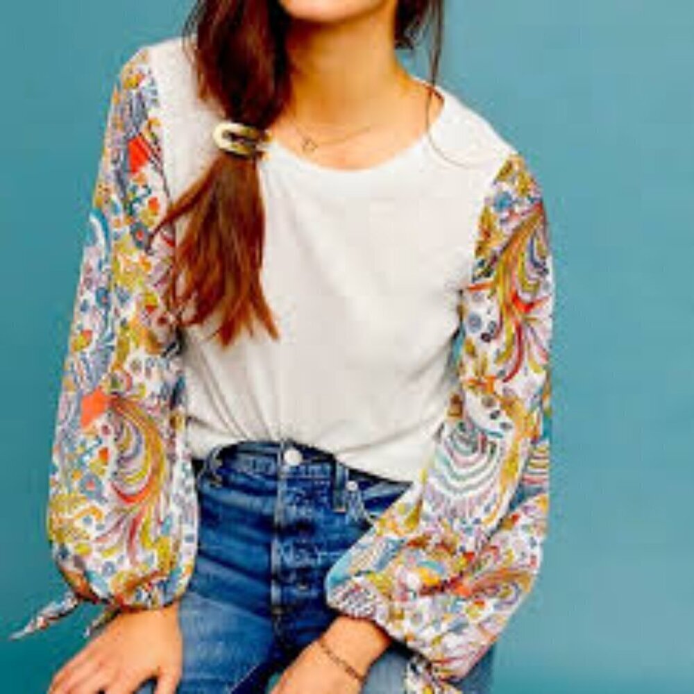 Anthropologie Maybelle Tied-sleeve top Paisley Sleeve Size M